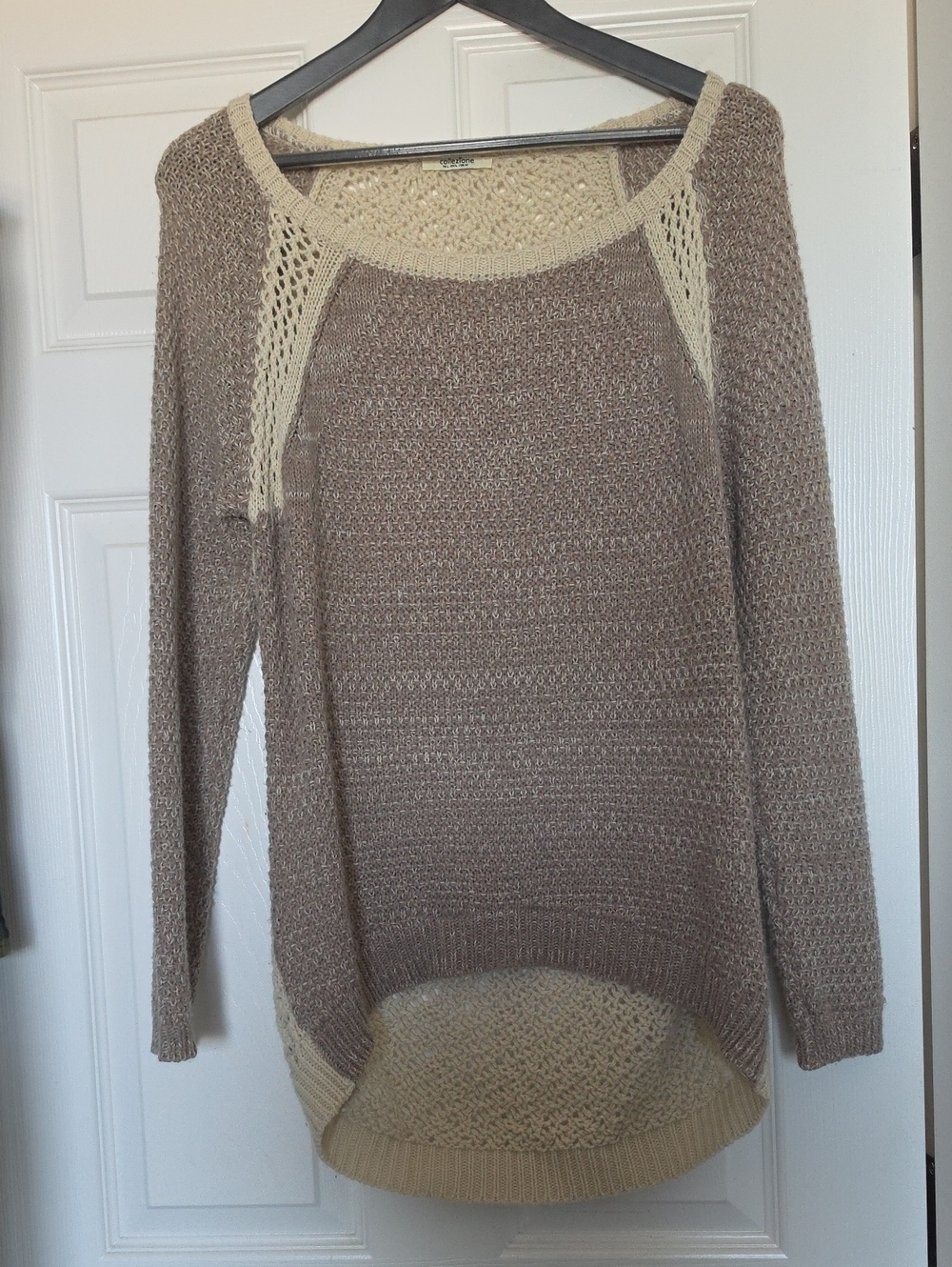 Taupe Crewneck Sweater with Cream Trim